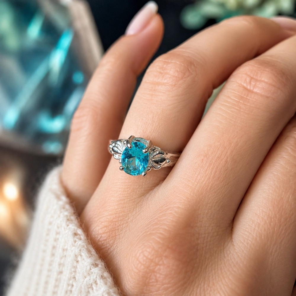 Vintage 925 Sterling Silver Aqua Blue Stone Filigree Ring Oval Cut Size 7